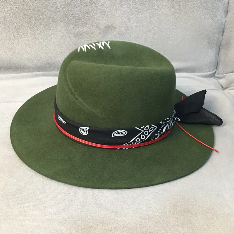 Ethnic Style Green Wide Brim Fedora Hat 100% Wool Women Felt Hats Panama Hat with Turban Ribbon Crushabley Porkpie Style202W