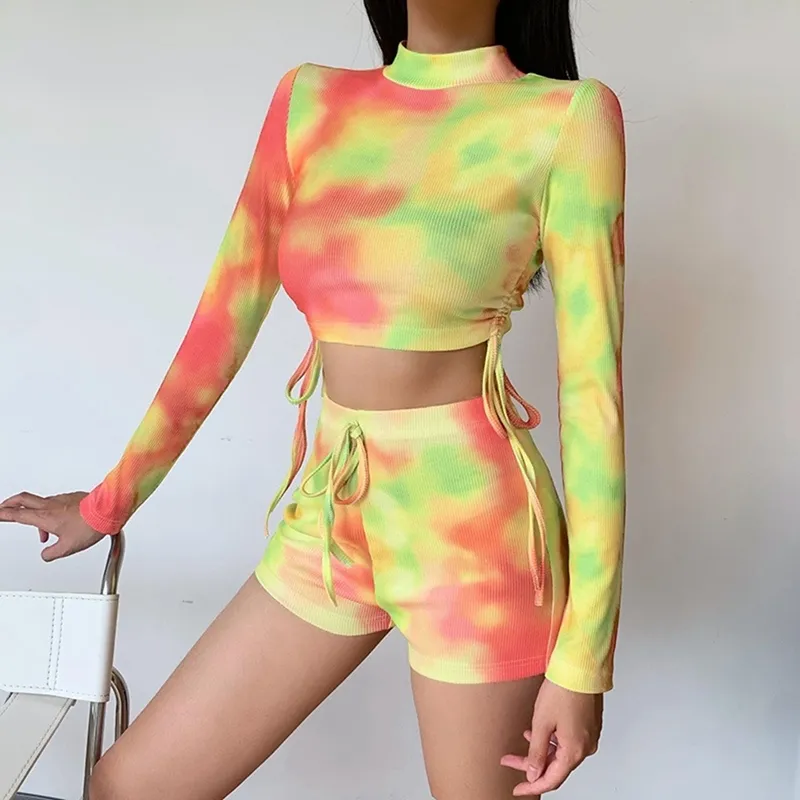 Women's Slim Long Sleeve T-Shirt Tie-Dye Pleated Top and Shorts Set Yellow Y0506