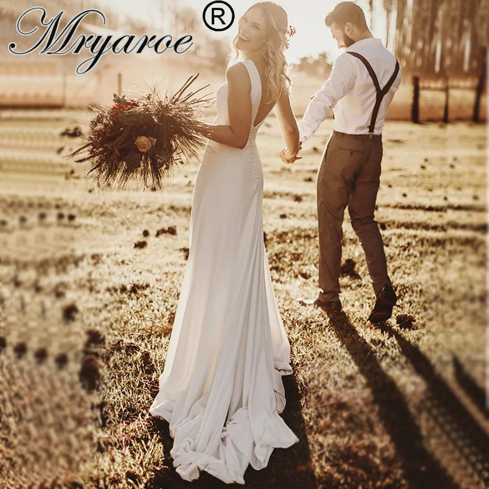 Mryarce 2020 Simply Elegant Crepe Rustic Wedding Dress Sleeveless V Back Bridal Gowns (5)