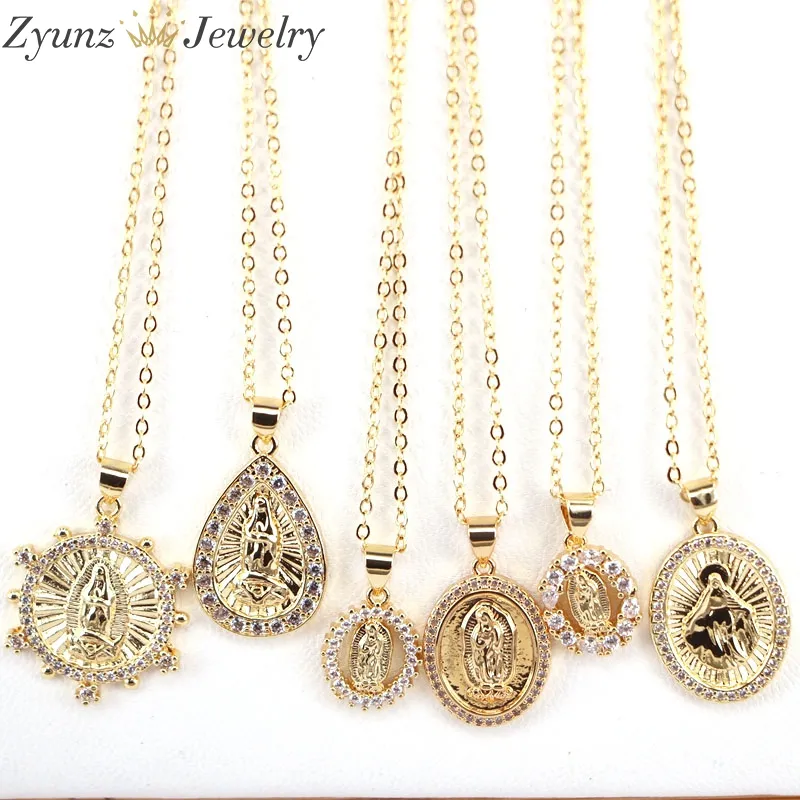 10st Crystal Cz Cubic Zirconia Virgin Mary Pendant Copper Pendants Halsband Guldfärgkedjan Juveler266L