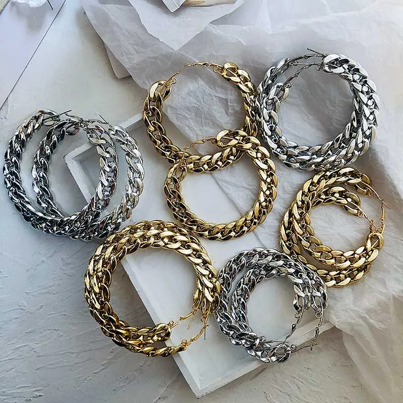 AMORCOME Punk Gold Color Chain Hoop Earrings for Women Fashion Popular Metal Circle Round Loop Earrings Statement Jewelry Gift1228N