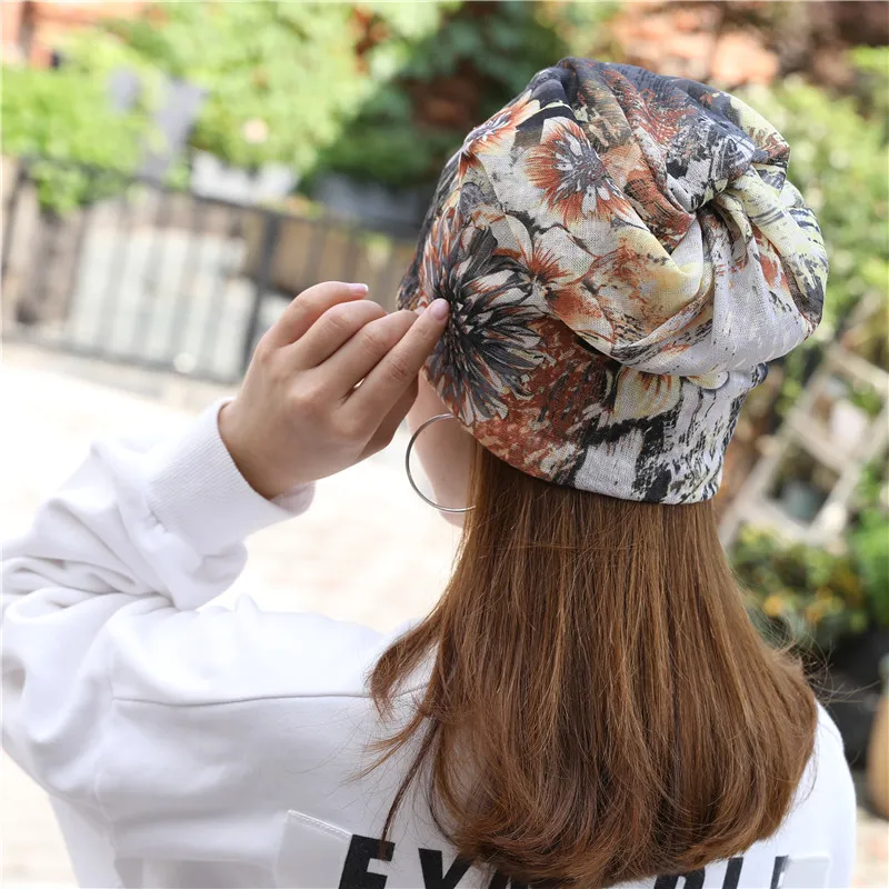 Kvinnor Floral Cancer Chemo Hat Beanie Scarf Turban Head Wrap Cap Cotton Commeral Monterad Sticked Hat For Women High Quality13414