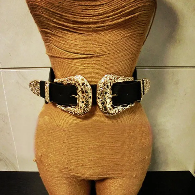 Yeni moda kadın vintage kayış metal pim toka deri kemerler kadınlar için elastik tasarımcı seksi içi boş geniş bel kemerleri300Q