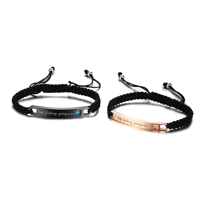 Palavras inspiradoras continuar casal pulseira de aço inoxidável tag corda tecido ajustável pulseira jóias para amante233z