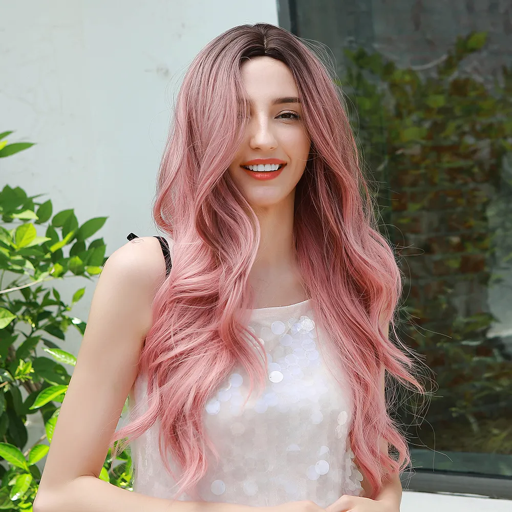 Xsynthetic longo ondulado raiz escura ombre perucas cosplay rosa para mulheres brancas pretas perucas de cabelo de fibra colorido alta temperatura
