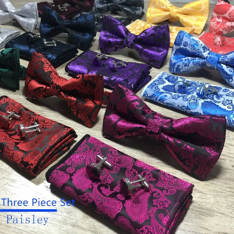 Coules de cou Bowtie Hanky ​​Cuffers set 100% Silk Jacquard Men Woven Men Butfly Bow Tie Pocket Square Sleat Set Luxury Access254B