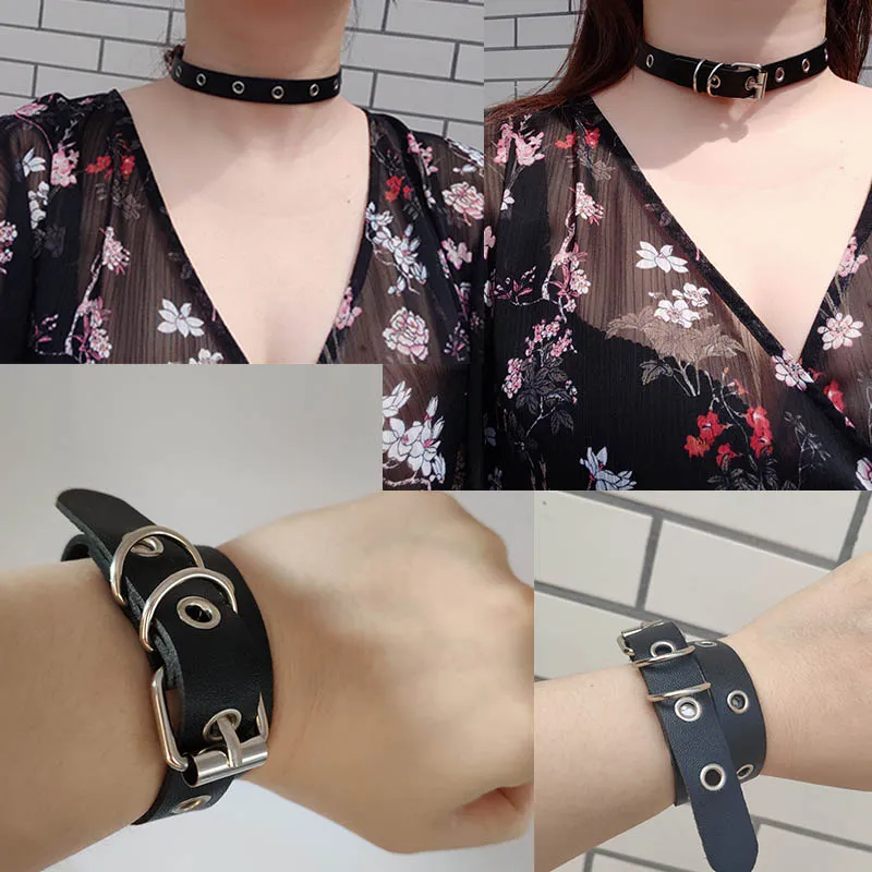 Punk Harajuku Kraag Kleine Choker Ketting Grote PU Lederen Armband Punk Goth 100% Handgemaakte Hals Sieraden bracelet1211d