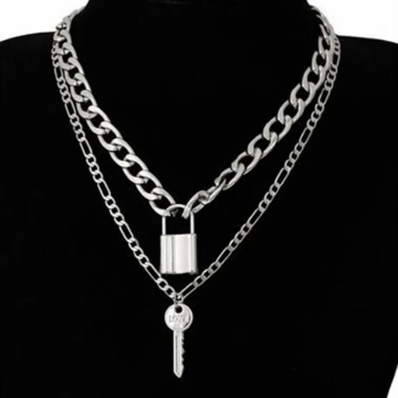 Charm Link Chain Choker Necklace Punk Multilayer Padlock Key Long Pendant Necklace For Women Gold Color Collar Jewlery282p