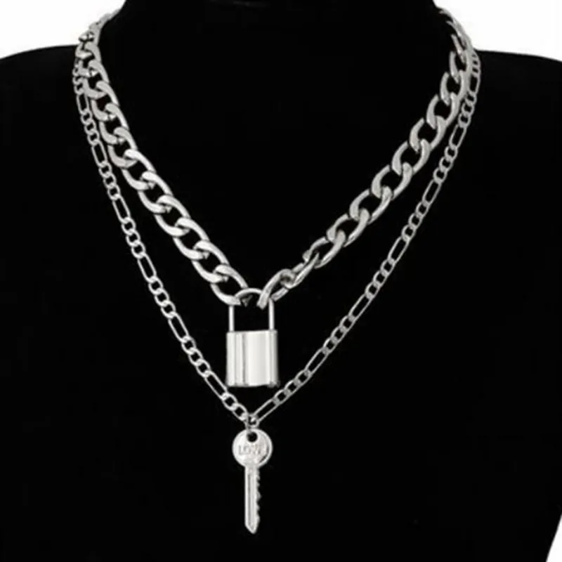 Charm Link Chain Choker Necklace Punk Multilayer Padlock Key Lång pendelhalsband för kvinnor Guldfärgkrage Juvelery323p