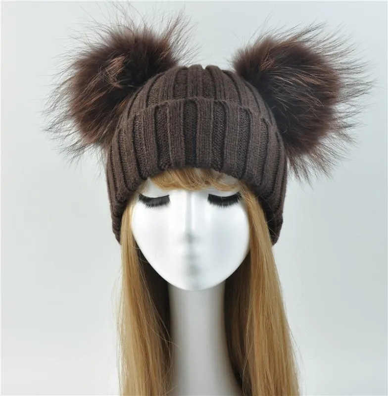 Зимняя настоящая меховая шапка шапочка для женщин -дам пушистые двойные натуральные еноты мех