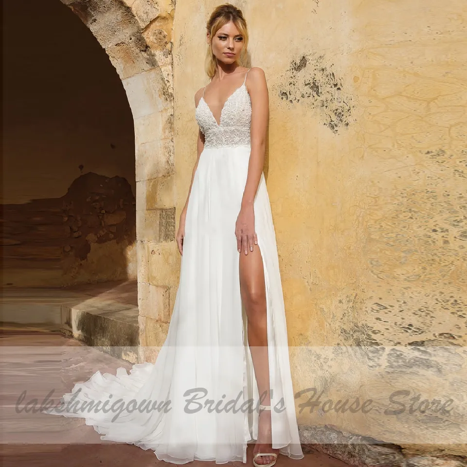 Robe de mariée plage Robe de mariée bretelles Spaghetti 2020 dentelle perlée corsage robes de mariée haute fente Boho robes de mariée