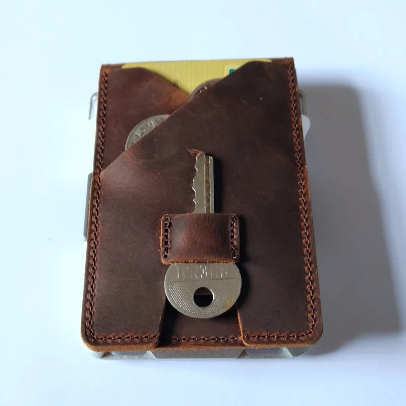 Genuine Leather Magic Wallet ID Bank Card Case Key Holder for Men Women Anti Rfid Aluminium Metal Wallets holders294V