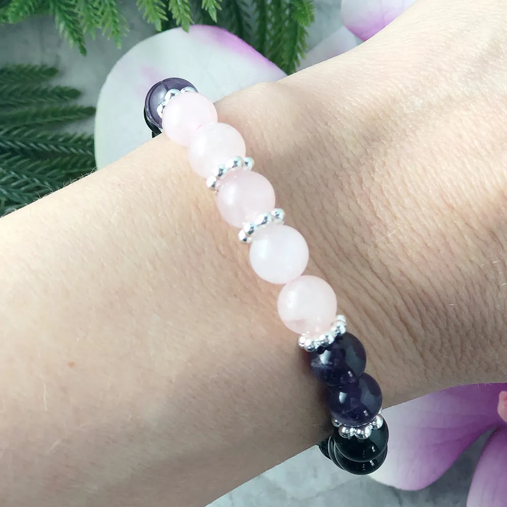 MG0951 Bracciale con ametista quarzo rosa Bracciale ragazze Chakra del cuore Bracciale portafortuna con tormalina nera naturale Bracciale Yoga Mala296t