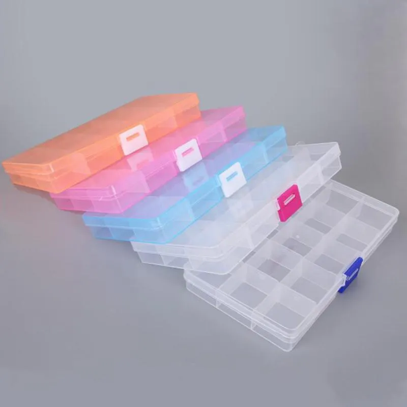 SAUVOO-caja de almacenamiento de plástico transparente rectangular ajustable, 10 y 15 rejillas, para herramientas de joyería pequeñas, cajas organizadoras de componentes, 265W