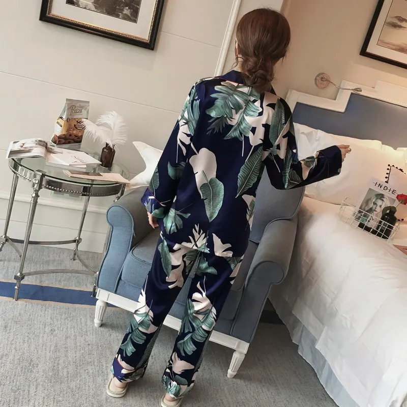 Women Plus Size 5XL Pyjamas Autumn Flower Printed Satin Silk Pajama Set Rayon Sleepwear Long Sleeve Trousers Nightwear Suit 200919