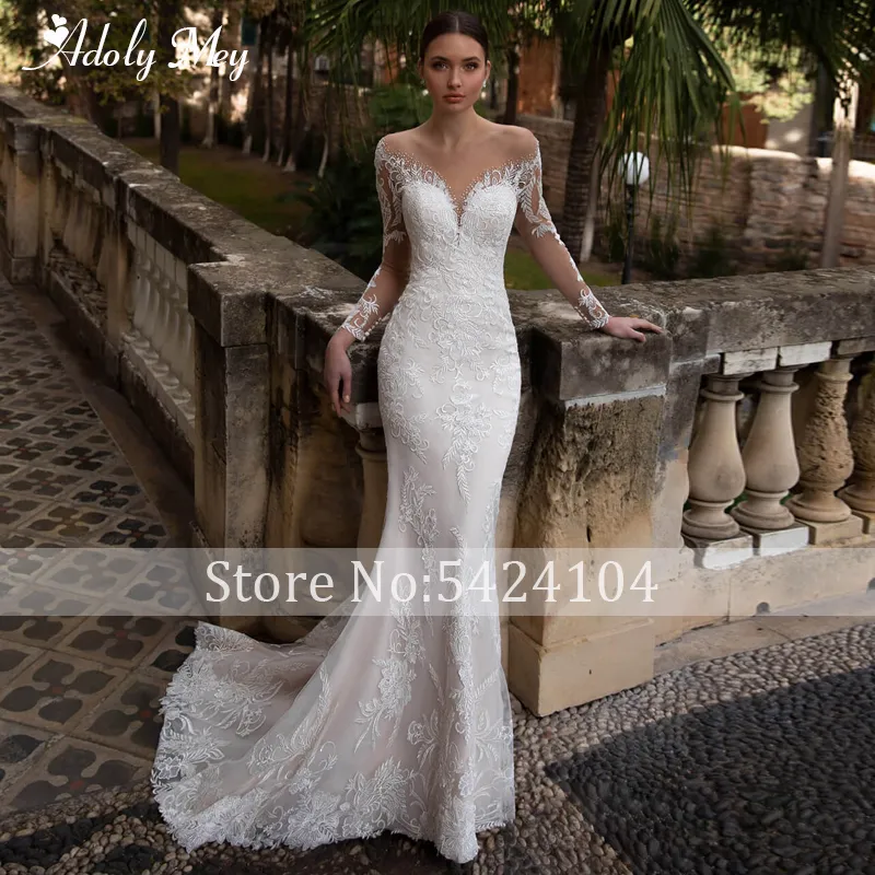 Adoly Mey magnifique appliques détachable train dentelle sirène robe de mariée 2020 encolure dégagée perles à manches longues Vintage robe de mariée