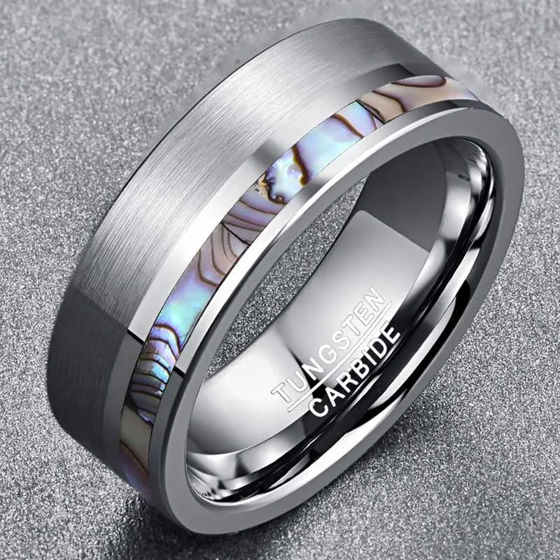 Wedding Rings 8mm Natual Abalone Shell Tungsten Carbide Ring Silver Color Matte Surface Promise Jewelry Engagement Men Anillos1291H