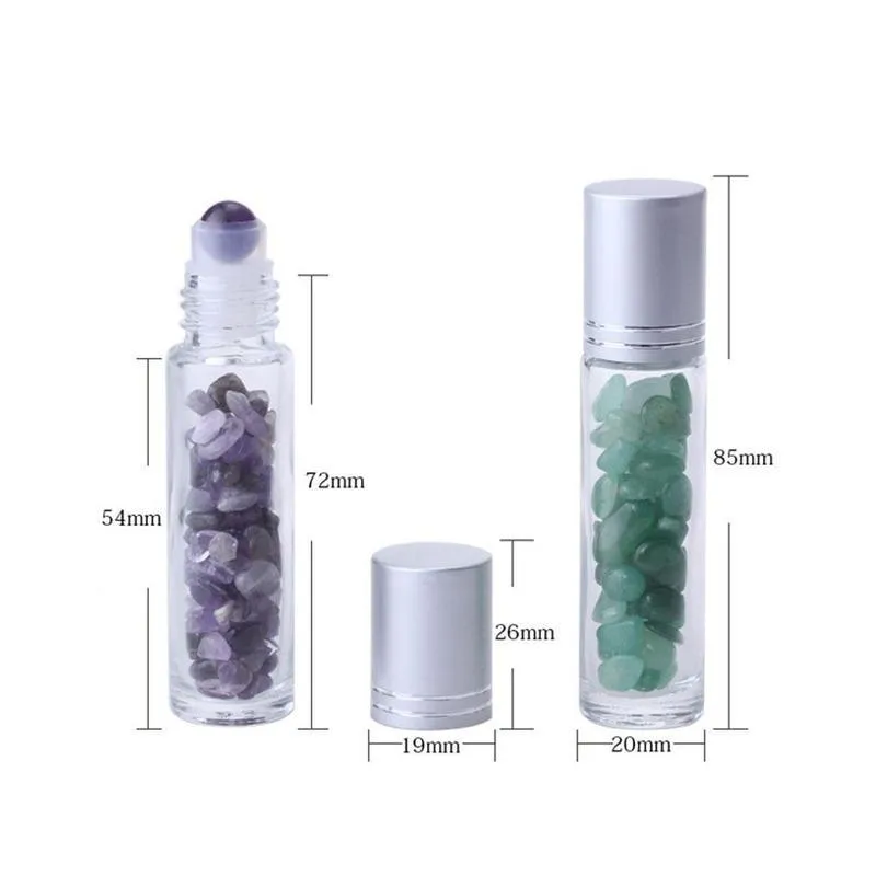 Diffusore di olio essenziale 10ml Rotolo di vetro trasparente su bottiglie di profumo con pietre di quarzo di cristallo naturale frantumato, penna a rulli di cristallo argento