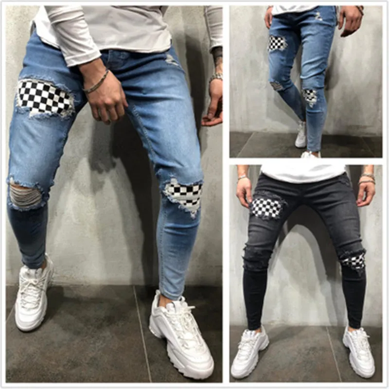 Mens Hole Jeans Fashion Trend Spring Light Washed Zipper Pocket Pencil Pants Designer Male High Street Elasticity Plus Size Denim Trousers