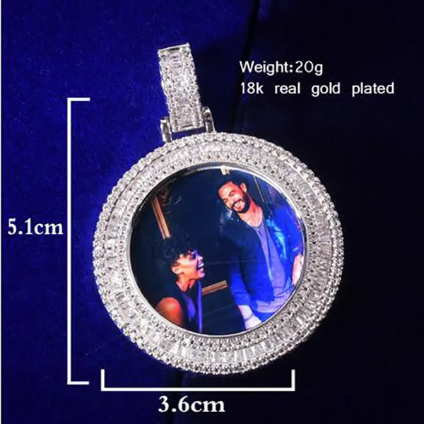 Baguete de costas sólidas Memória redonda Picture PO Pingente de tênis Micro Pave Charm Men's Hip Hop Rock Jewelry341s