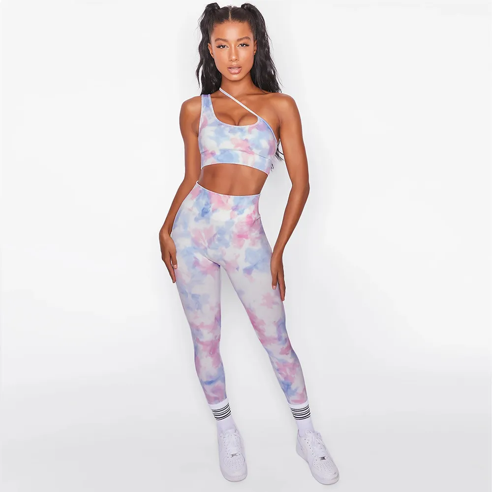 Stil sned axel digital tryckning yogasträkt sport fitness springa gymkläder kvinnor leggings bra gymsalar tights träning uppsättningar