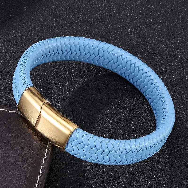 Fashion Jewelry Blue Leather Braided Rope Bracelet Men Stainless Steel Magnetic Clasp Punk Bracelets Bangles Male Wrist Band325d