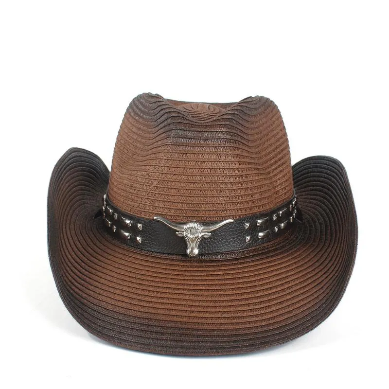 Kvinnor män ihåliga västra cowboy hatt lady sommar halm sombrero hombre strand cowgirl jazz sol hatt vind rep storlek 57-59cm218m