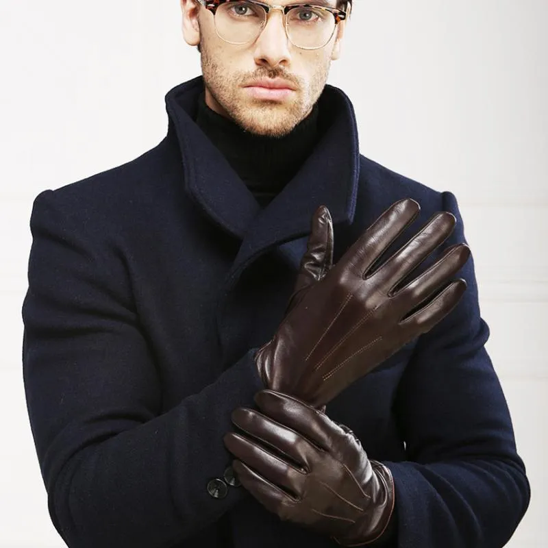 Мужские перчатки из натуральной кожи высшего качества, термозимние перчатки из овчины с сенсорным экраном, модные тонкие перчатки для вождения EM011269B