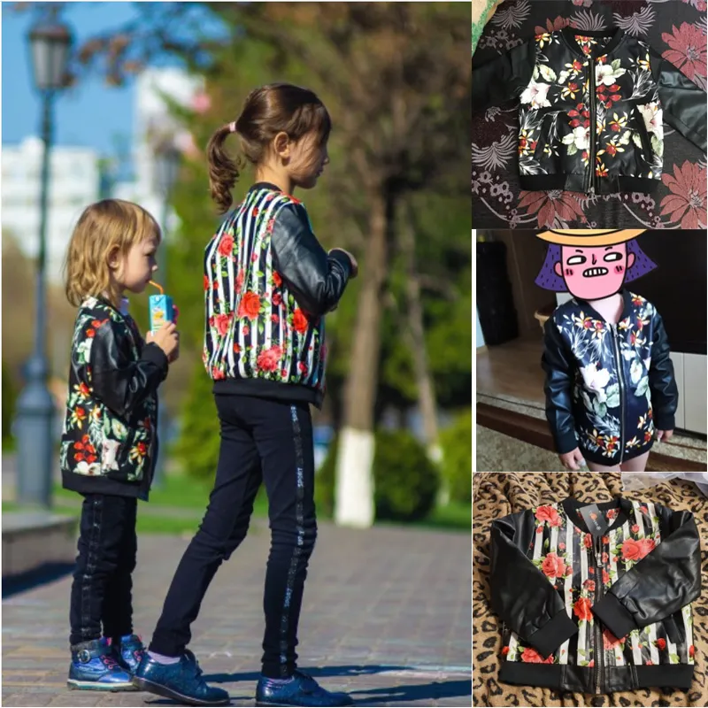 Girls en cuir manteau Enfants039 Fashion Pu veste de 39 ans Girl Round Neck Print Fleurs Camouflage Artificial Kids Outwea4219975