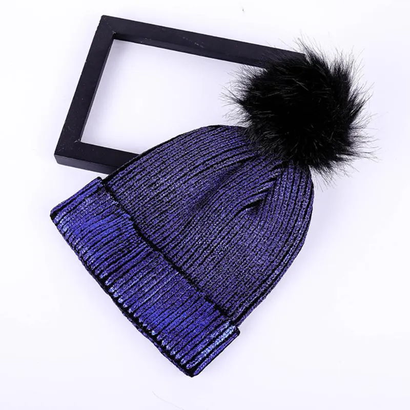 Metallic Shiny Solid Women Hats Windproof Girl Soft Crochet Warm Knitted Pompom Beanie Hair Ball Cute Cap Autumn Winter2973