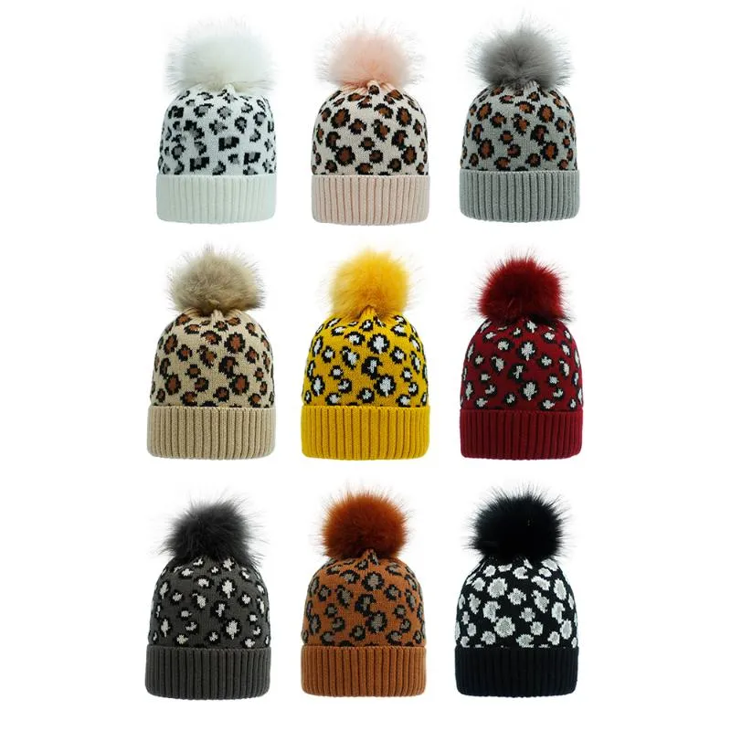 Nuovo berretto da donna autunnale caldo inverno con stampa leopardata cappello lavorato a maglia di lana tinta unita berretto da sci con pompon di lana233j