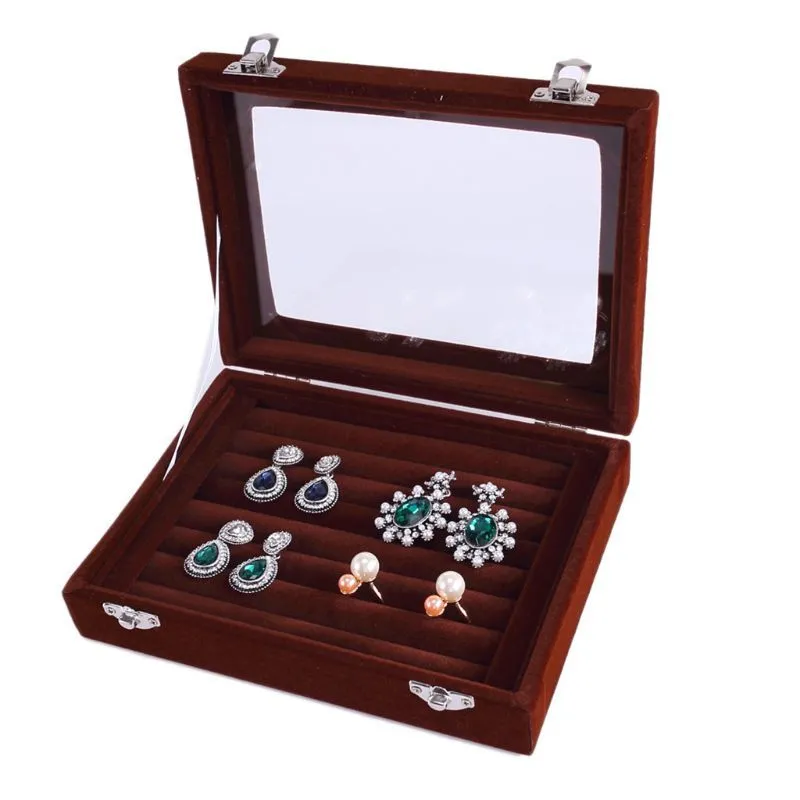 Velvet Glass Ring Earring Jewelry Display Organizer Box Tray Holder Storage Box T200917259z
