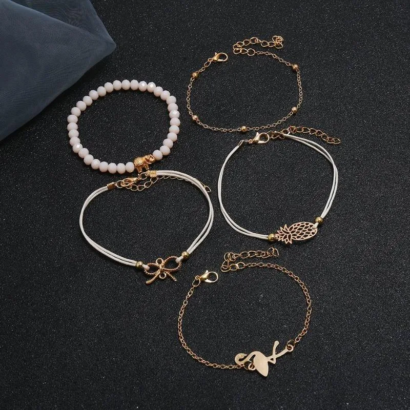 Fashion Boho Charm Chain Bead Bracelets Set Woman Gold Bowknot Animals Geometric Hollow Circle Cuff Link Bracelet Female Jewelry309k