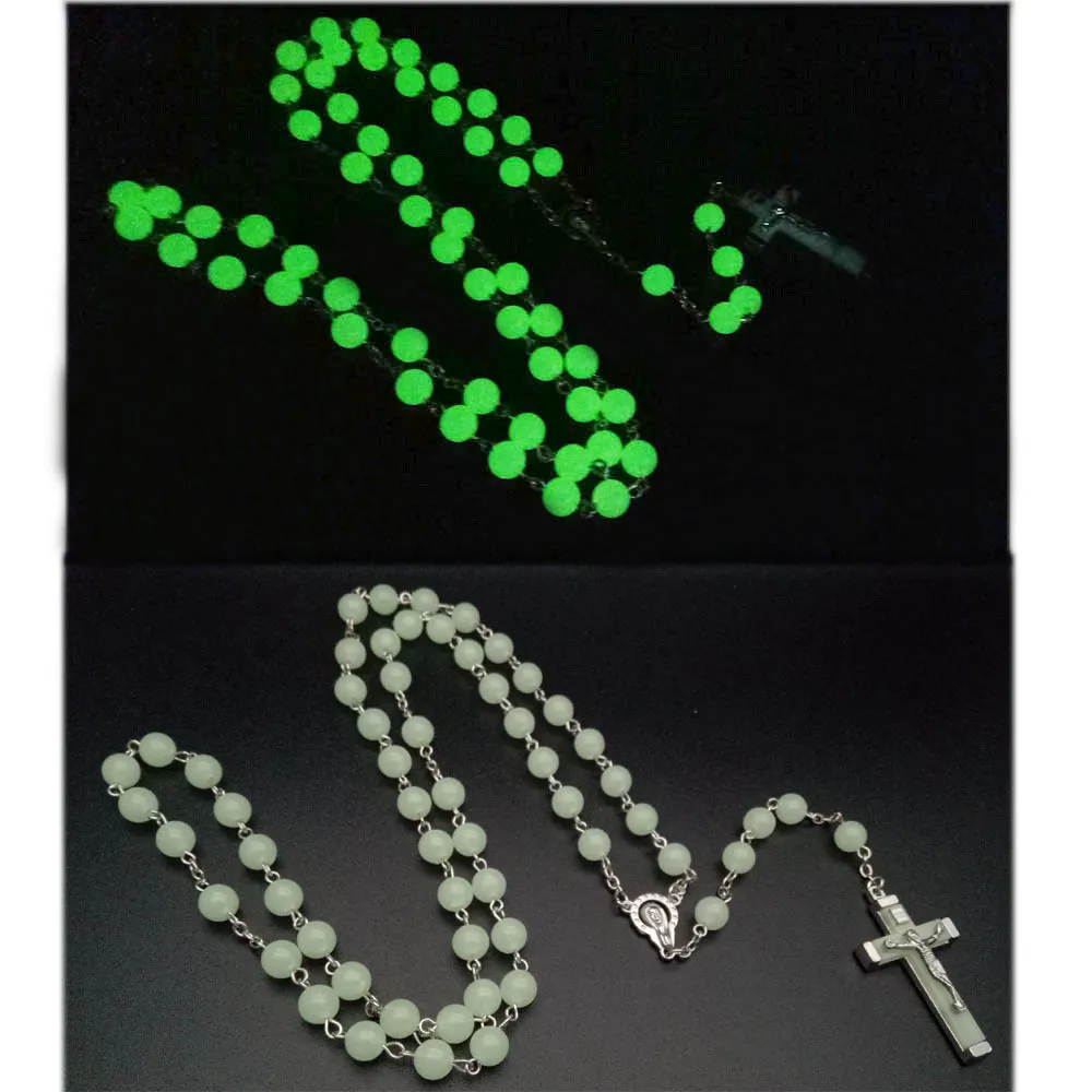 Chapelet lumineux Croix pendentifs colliers Perles vintage long style chaîne de pull Chrétien Catholique Jésus bijoux mode 275p