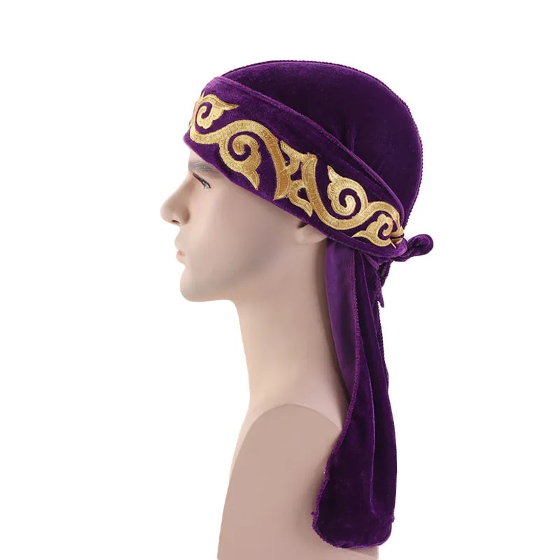 Muslim Men Print Bandana Turban Hat Wigs Velvet Durags Doo Headwrap Plated Cap Biker Headwear Pirate Hair Accessories1308Y
