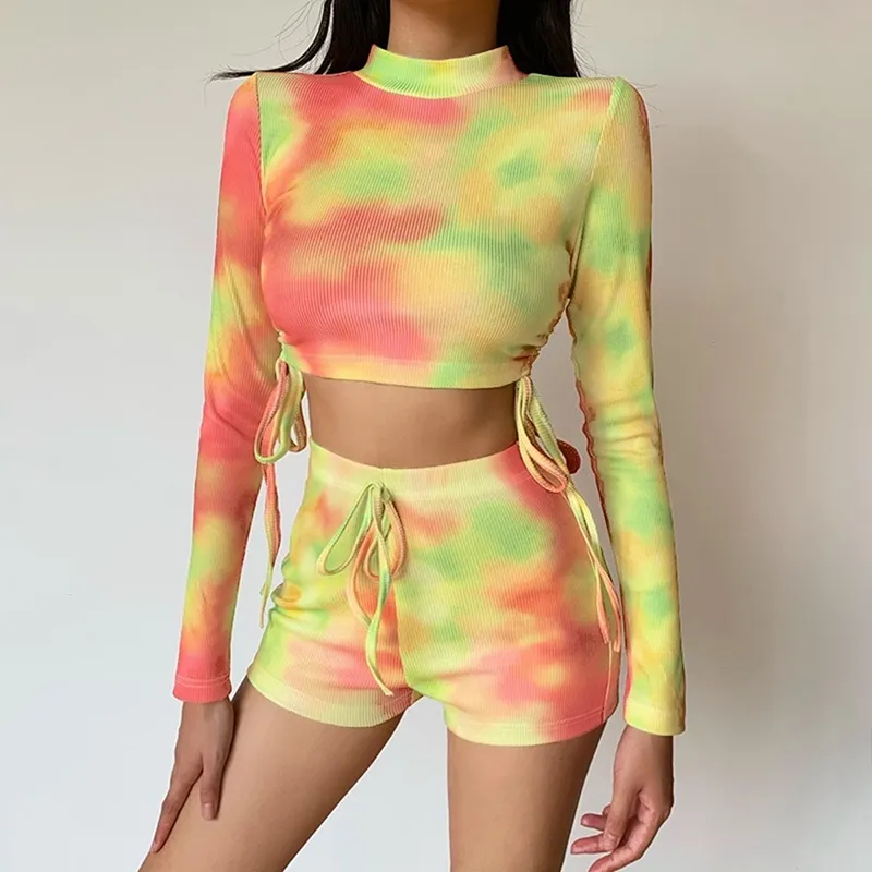 Women's Slim Long Sleeve T-Shirt Tie-Dye Pleated Top and Shorts Set Yellow Y0506