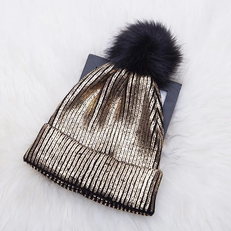 Metálico brilhante sólido feminino chapéus à prova de vento menina macio crochê quente malha pompom gorro bola de cabelo bonito boné outono inverno 2973