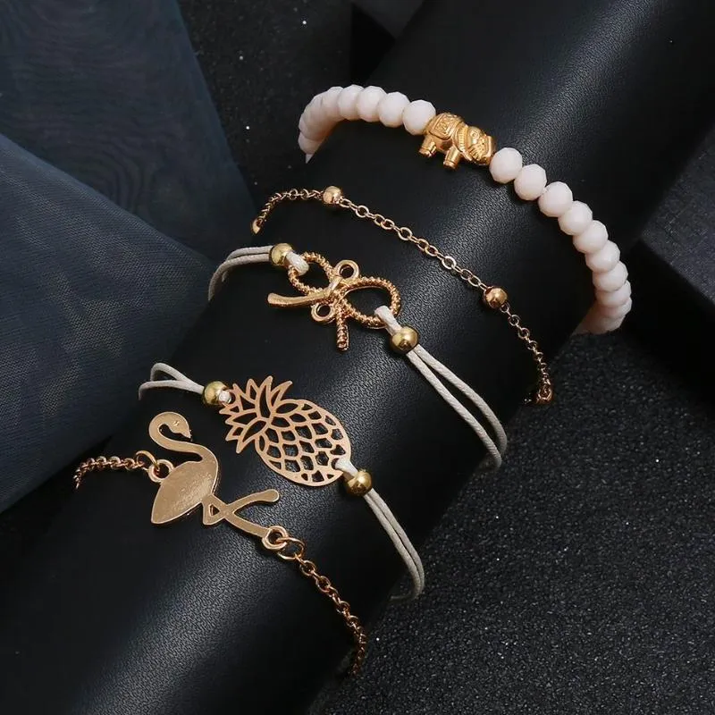 Fashion Boho Charm Chain Bead Bracelets Set Woman Gold Bowknot Animals Geometric Hollow Circle Cuff Link Bracelet Female Jewelry309k