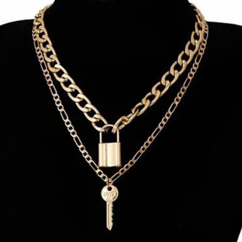 Charm Link Chain Choker Necklace Punk Multilayer Padlock Key Long Pendant Necklace For Women Gold Color Collar Jewlery282p