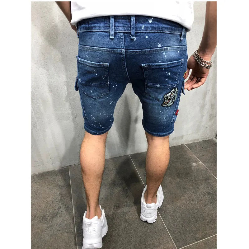 Homens buracos denim shorts moda tendência bordado fino em linha reta jeans curto designer verão masculino casual jean calças277y