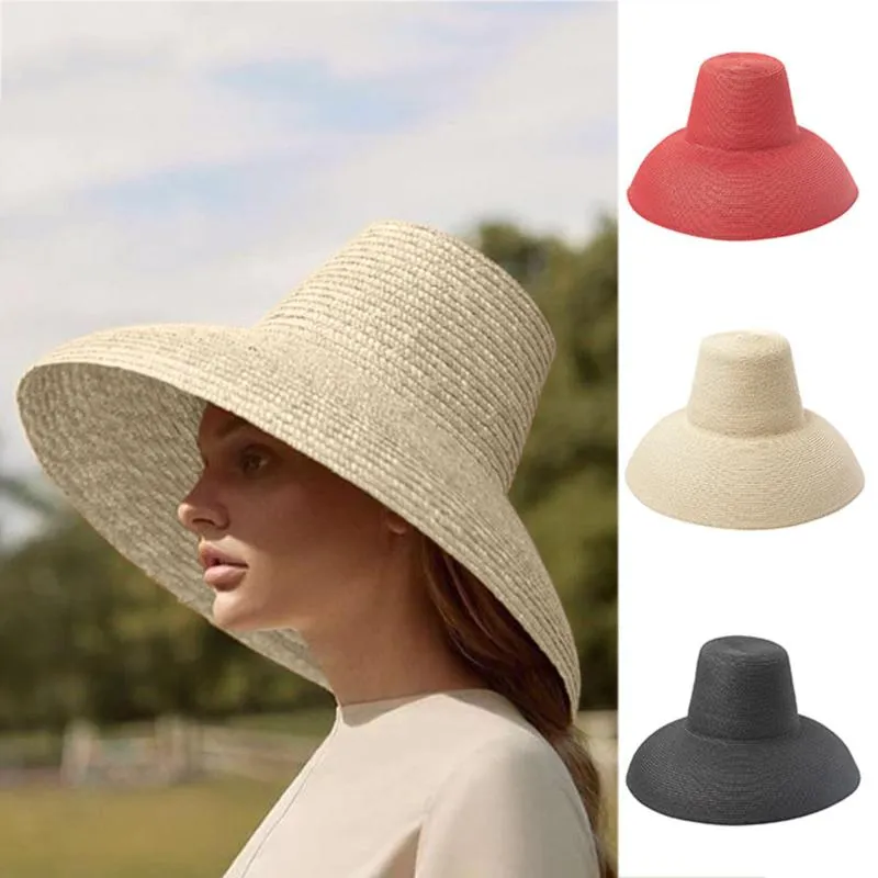 Novas mulheres chapéu de palha de aba larga moda palco passarela forma côncava chapéus fedora verão praia cordão proteção solar boné yl5265o
