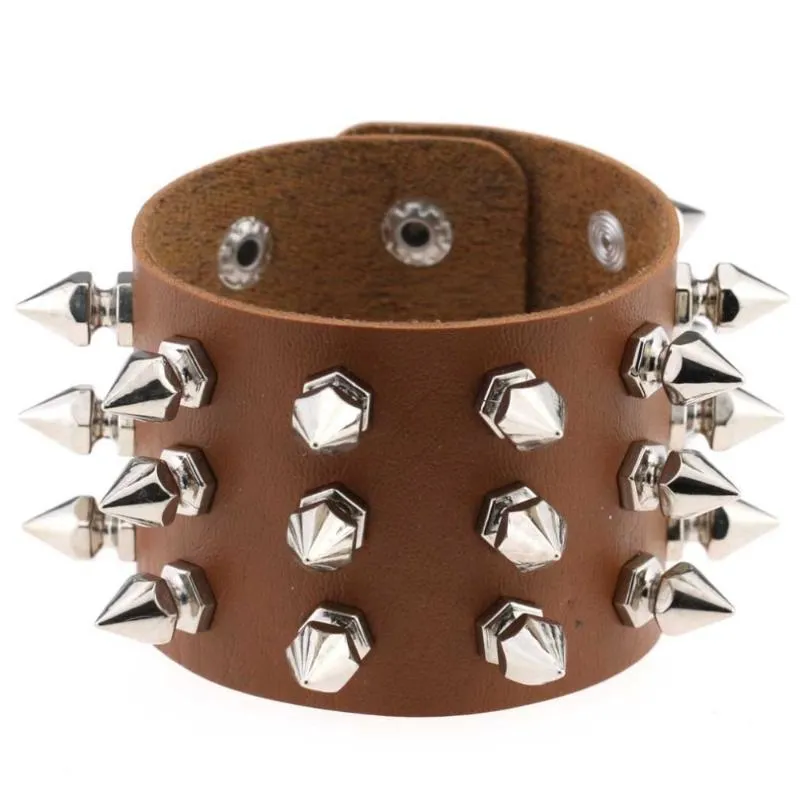 Kmvexo exclusivo 3 linhas pula de rebite de punho de manguito largo de couro amplo punk rock gótico unissex pulseira pulseira para mulheres joalheria de joalheria229w