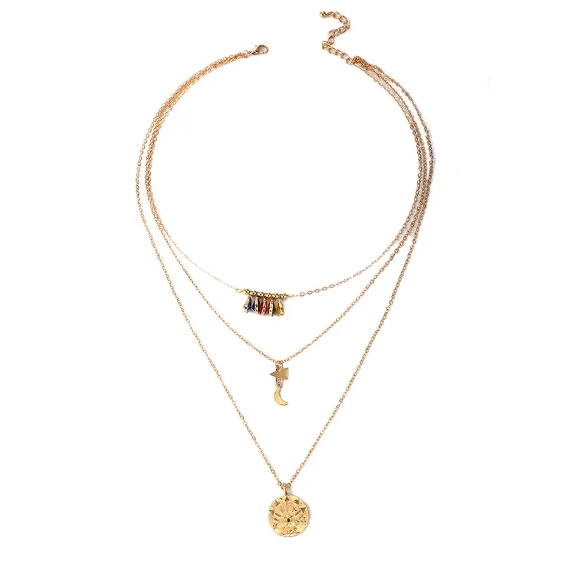 Bohême or multicouche collier étoile lune chaîne colliers Vintage coloré diamant pendentif collier pour femmes charme bijoux cadeaux