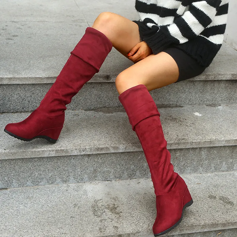 新しい秋の膝上のブーツの女性のファッションフロックロング Bota Ş ウェッジプラットフォームブーツ靴女性腿の高いブーツレディースサイズ 43