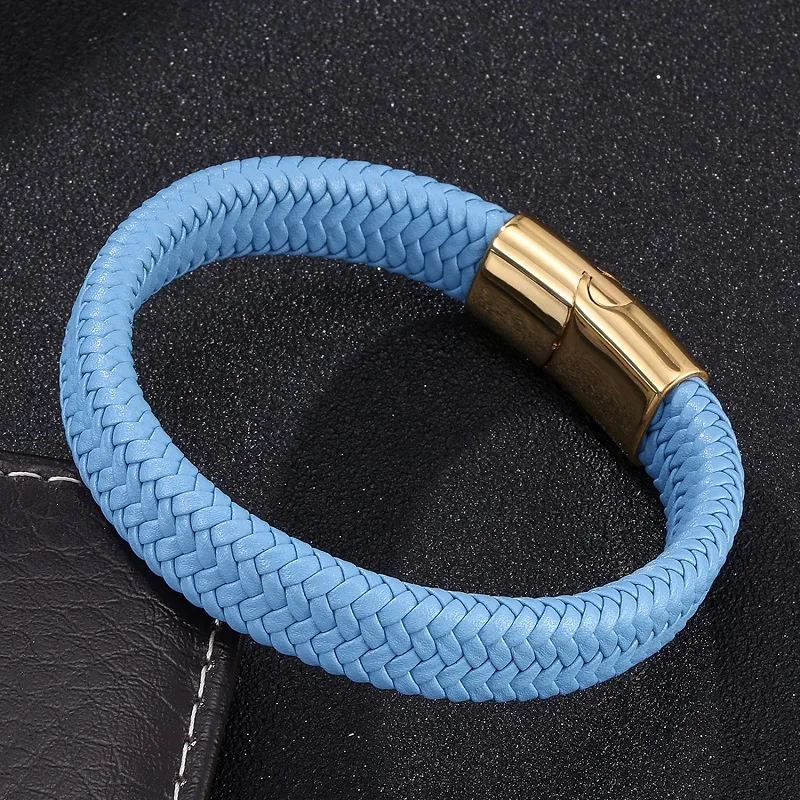 Fashion Jewelry Blue Leather Braided Rope Bracelet Men Stainless Steel Magnetic Clasp Punk Bracelets Bangles Male Wrist Band325d