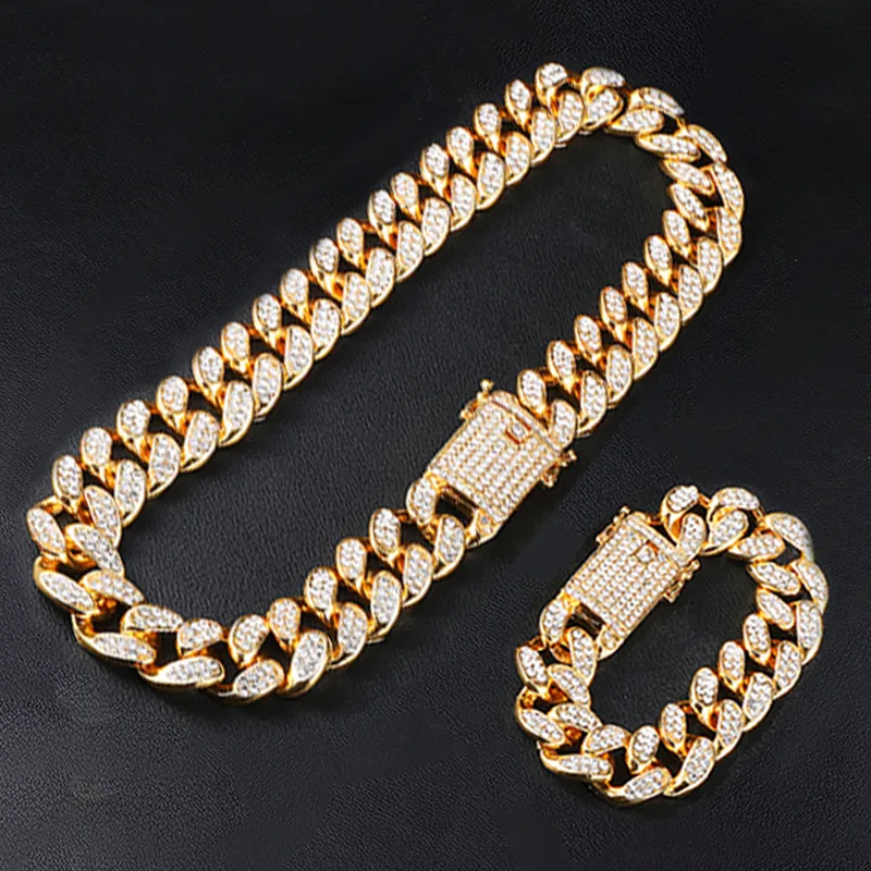 Hip Hop 20MM Set Miami Cuban Chain Necklace Bracelet Watch Iced Out Paved Rhinestones CZ Rapper Necklaces For Men Jewelry Y328Y