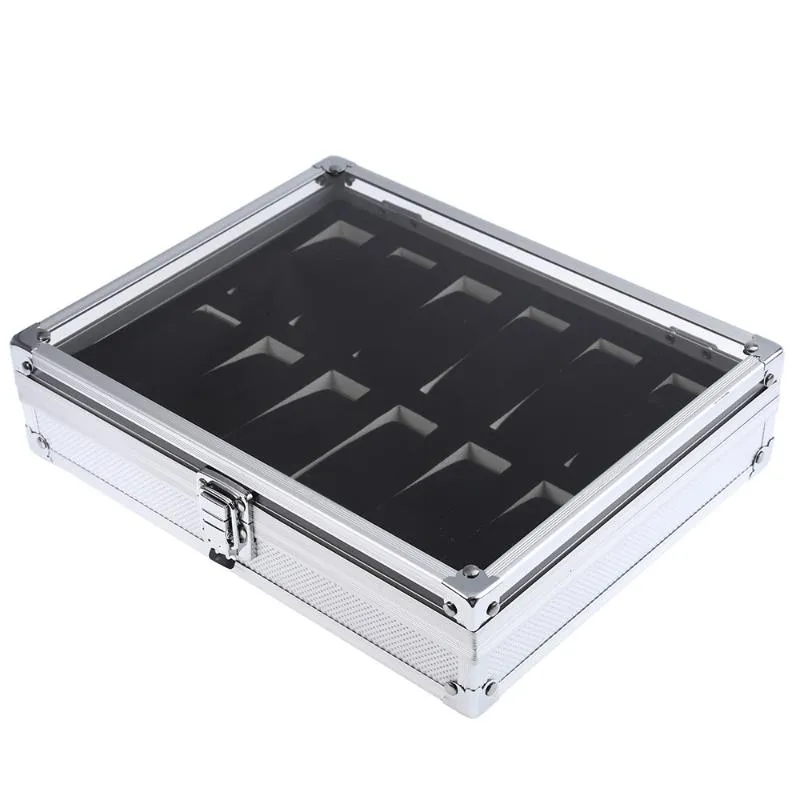 Boîtes de montres cas professionnels 12 fentes de grille bijoux montres affichage boîte de rangement boîte carrée boîtier en aluminium daim à l'intérieur du conteneur Or247L