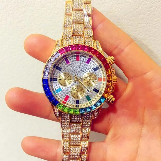 Men's hip hop color diamond large dial watch steel belt full Diamond Men gold quartz chronograph holiday gift275R