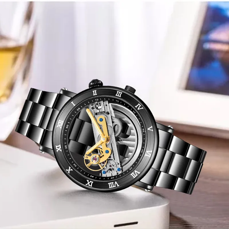 男性のスケルトン自動機械式時計の男性ダブルサイド透明なステンレス鋼の時計ファッションラミナス時計306g