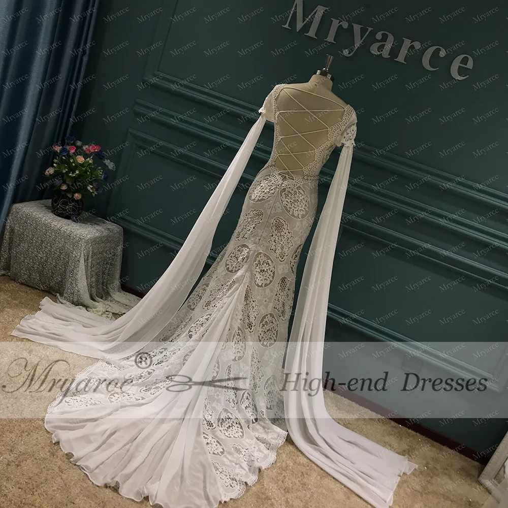 Mryarce 2020 Unique Bride Vintage Lace Mermaid Boho Chic Wedding Dress Detachable Cape Open Leg Bridal Gowns (2)